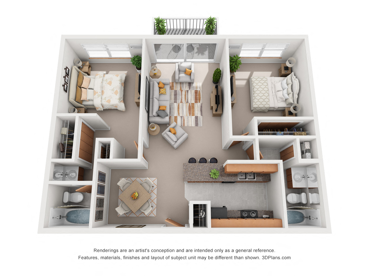 Floor plan for 2 beds, 2 baths, 1070 sqft